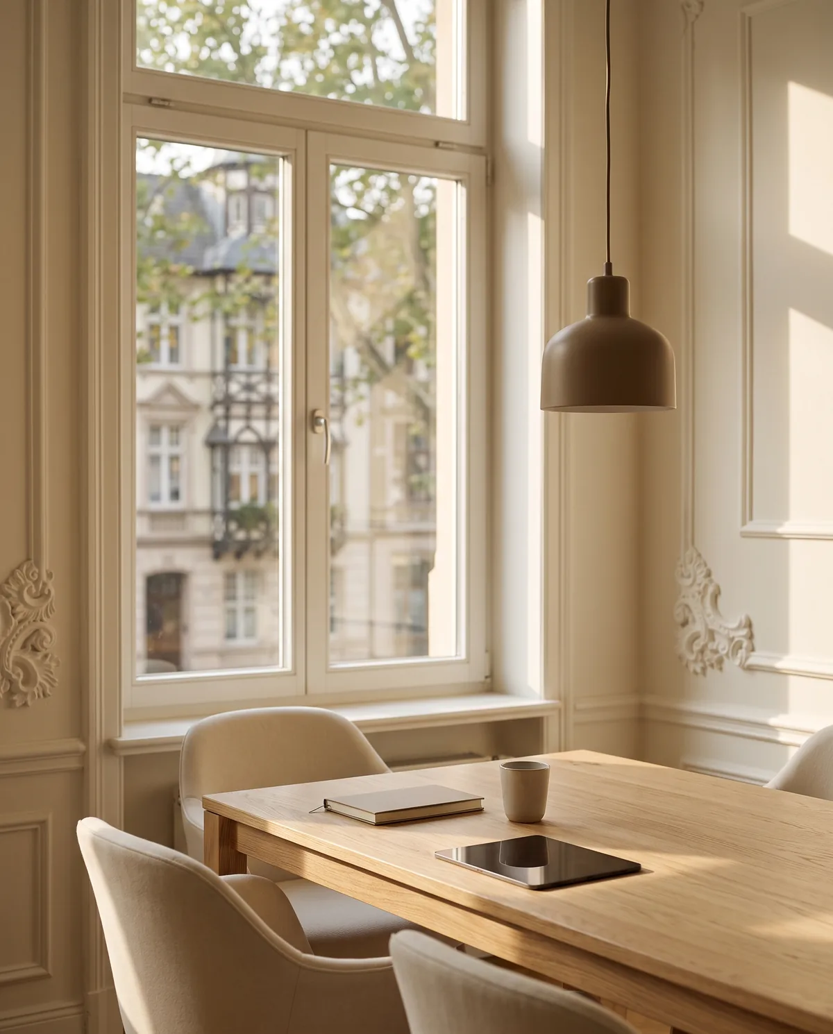 Besprechungstisch in einem Altbau mit Stuck und Blick auf eine Düsseldorfer Allee