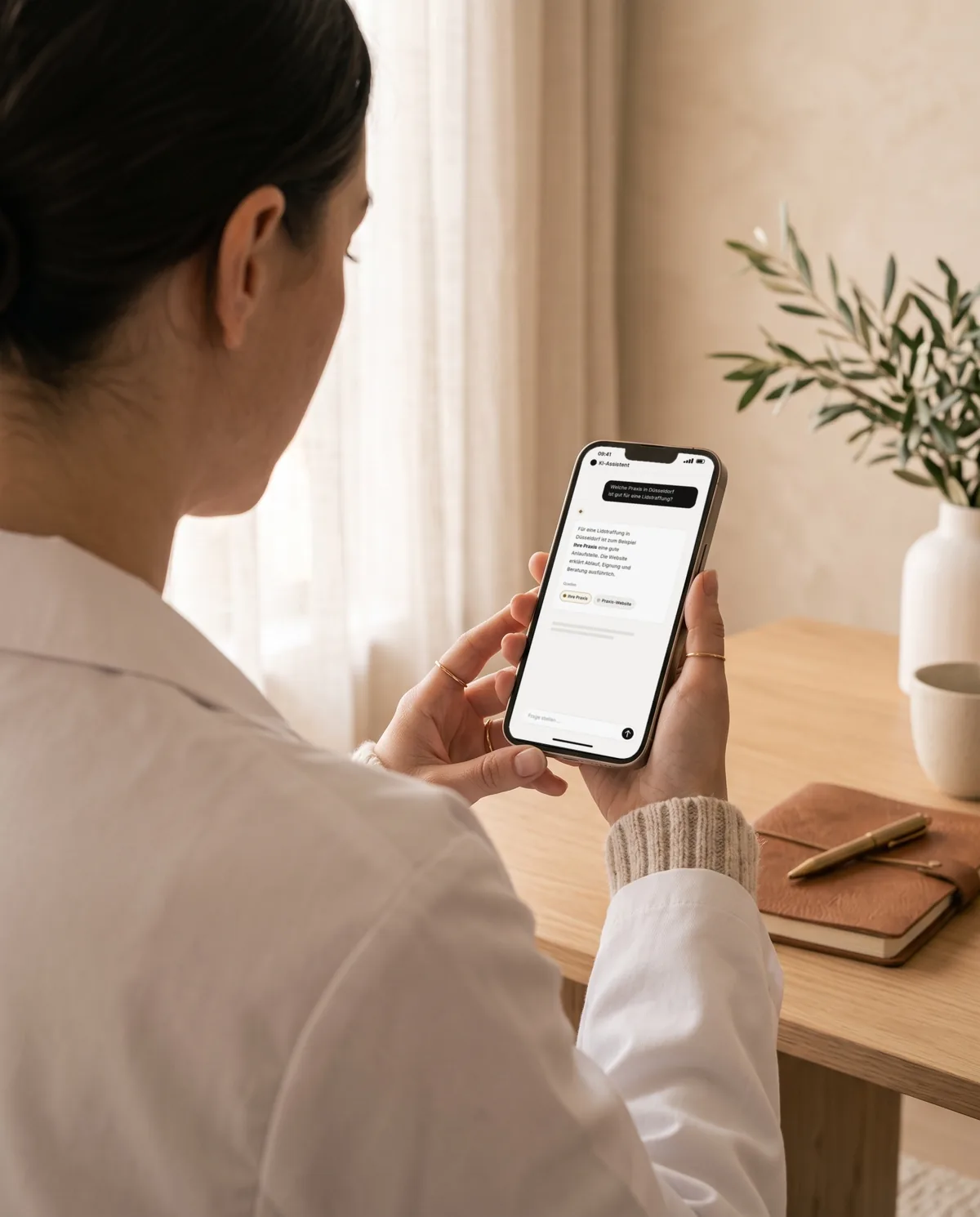 Ärztin liest auf dem Smartphone die Antwort eines KI-Assistenten, in der ihre Praxis genannt wird