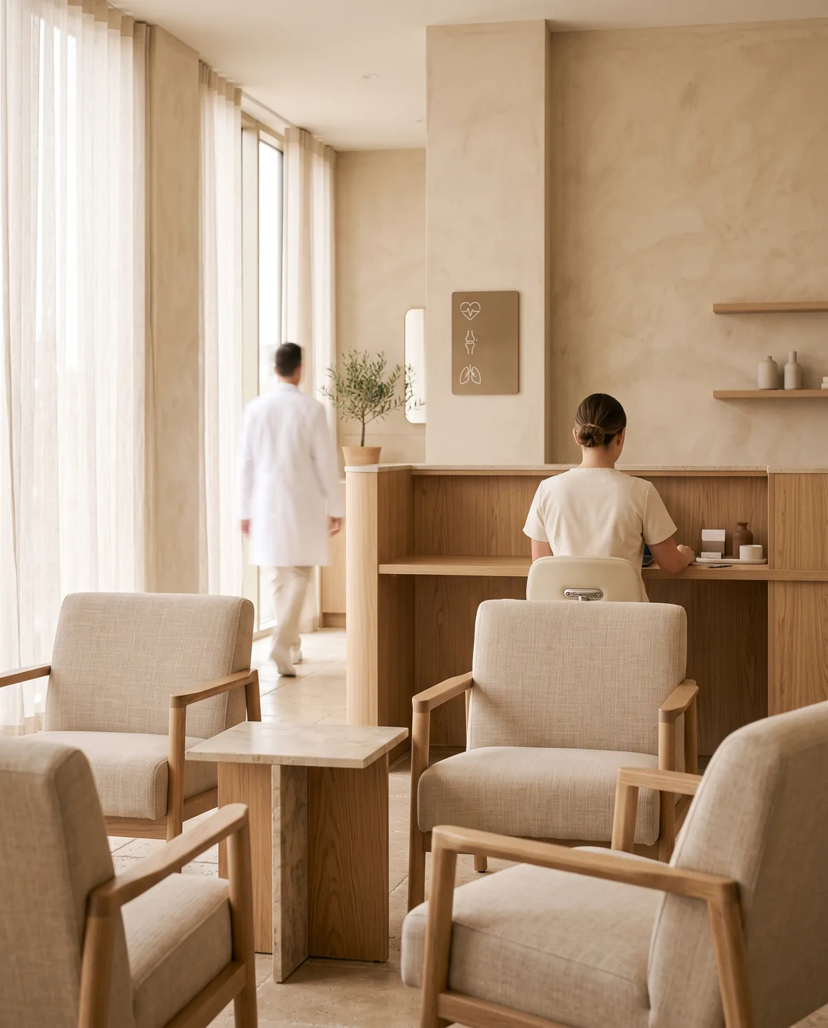 Heller Empfangs- und Wartebereich einer Privatklinik mit Holztresen und Leinensesseln