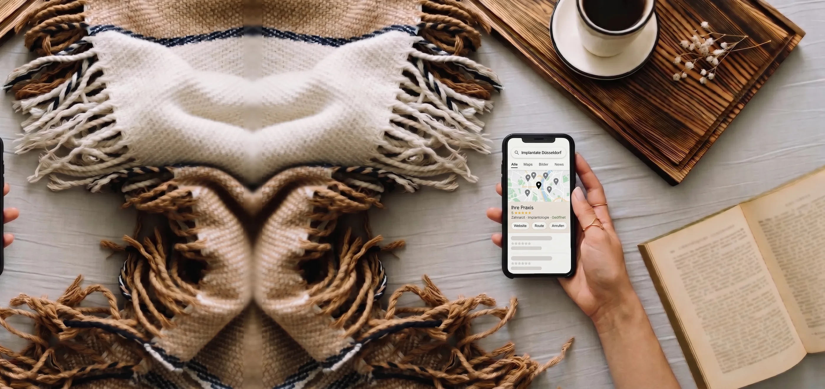 Hand hält ein Smartphone mit einer Kartensuche, in der die eigene Praxis ganz oben erscheint