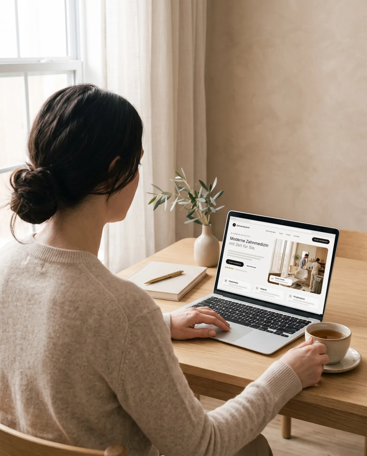 Frau am Laptop auf der Website einer Zahnarztpraxis mit gut sichtbarer Terminvereinbarung